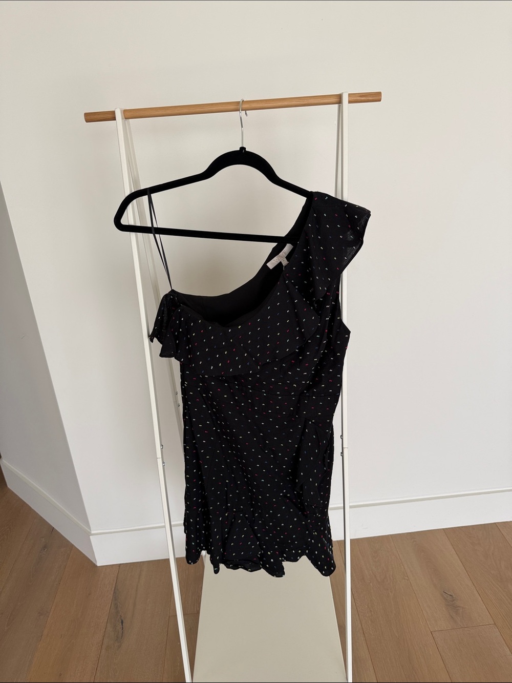 Wayf Black One-Shoulder Dress with Tiny Multicolor Dot Print